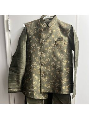 3pc Olive Green Nehru Jacket + Kurta Suit
